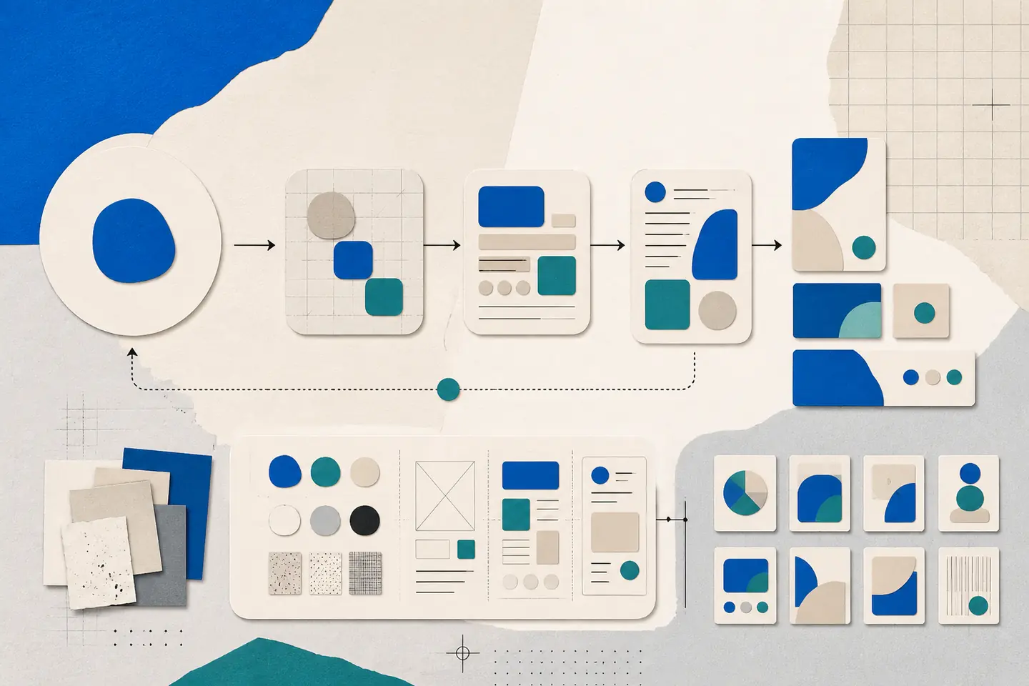 Abstract cream paper collage showing a blue design concept progressing through grids, modular layouts, color swatches, feedback arrows, and a coordinated set of touchpoints.