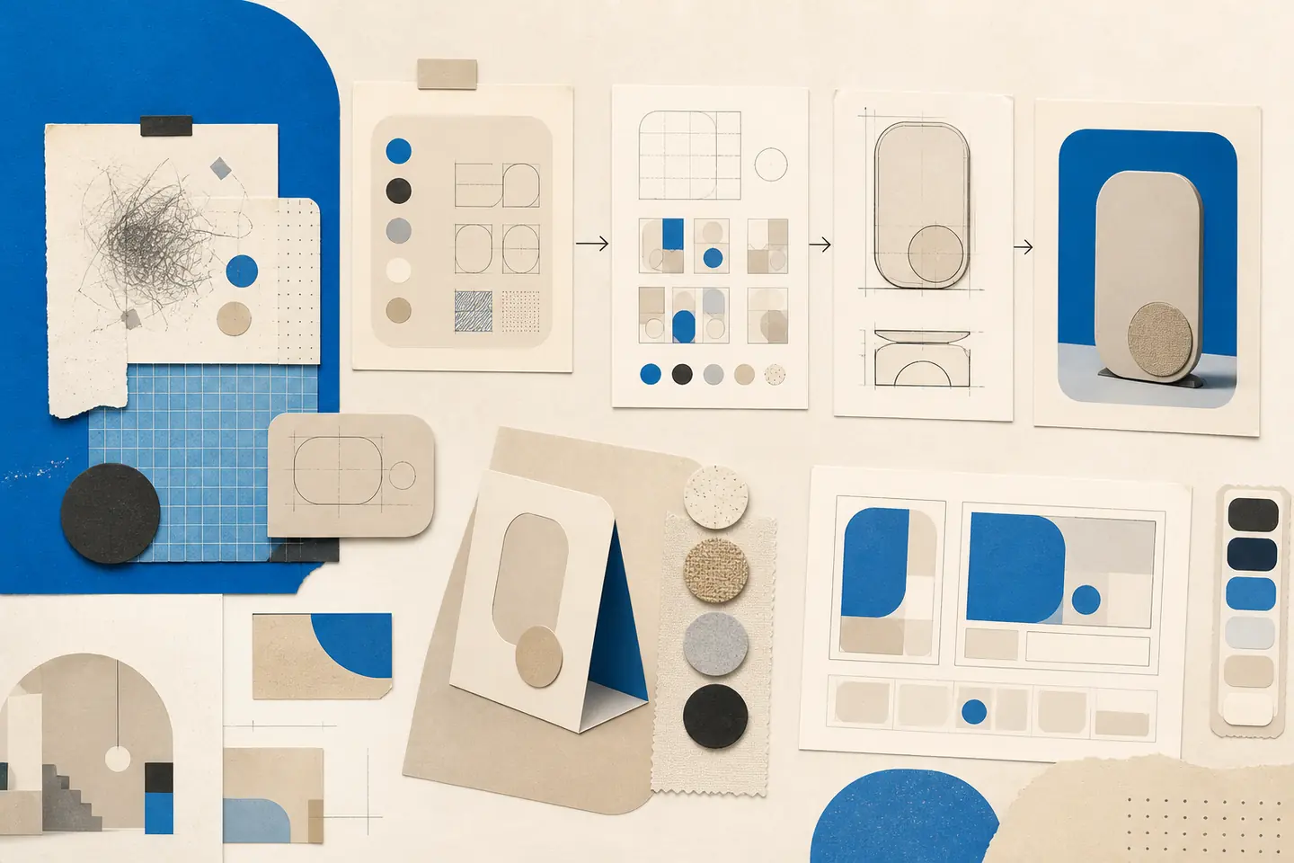 Abstract cream-and-blue design process sample book showing research sketches, colour swatches, geometric prototypes, wireframes, and a refined rounded form.