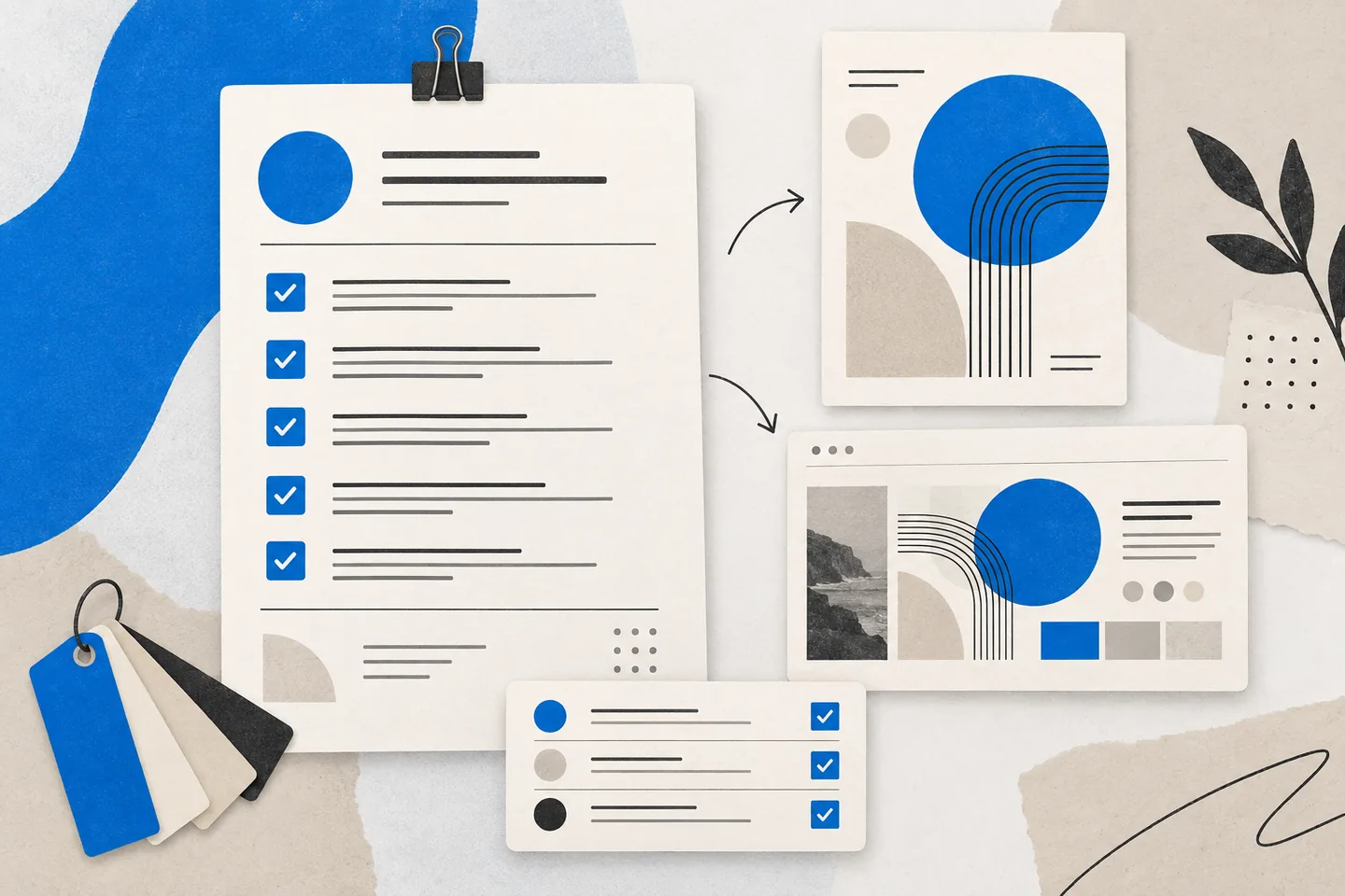 Cream-and-blue illustration of a checked design brief linked to two matching layout proofs, with a three-row revision log and color swatches.