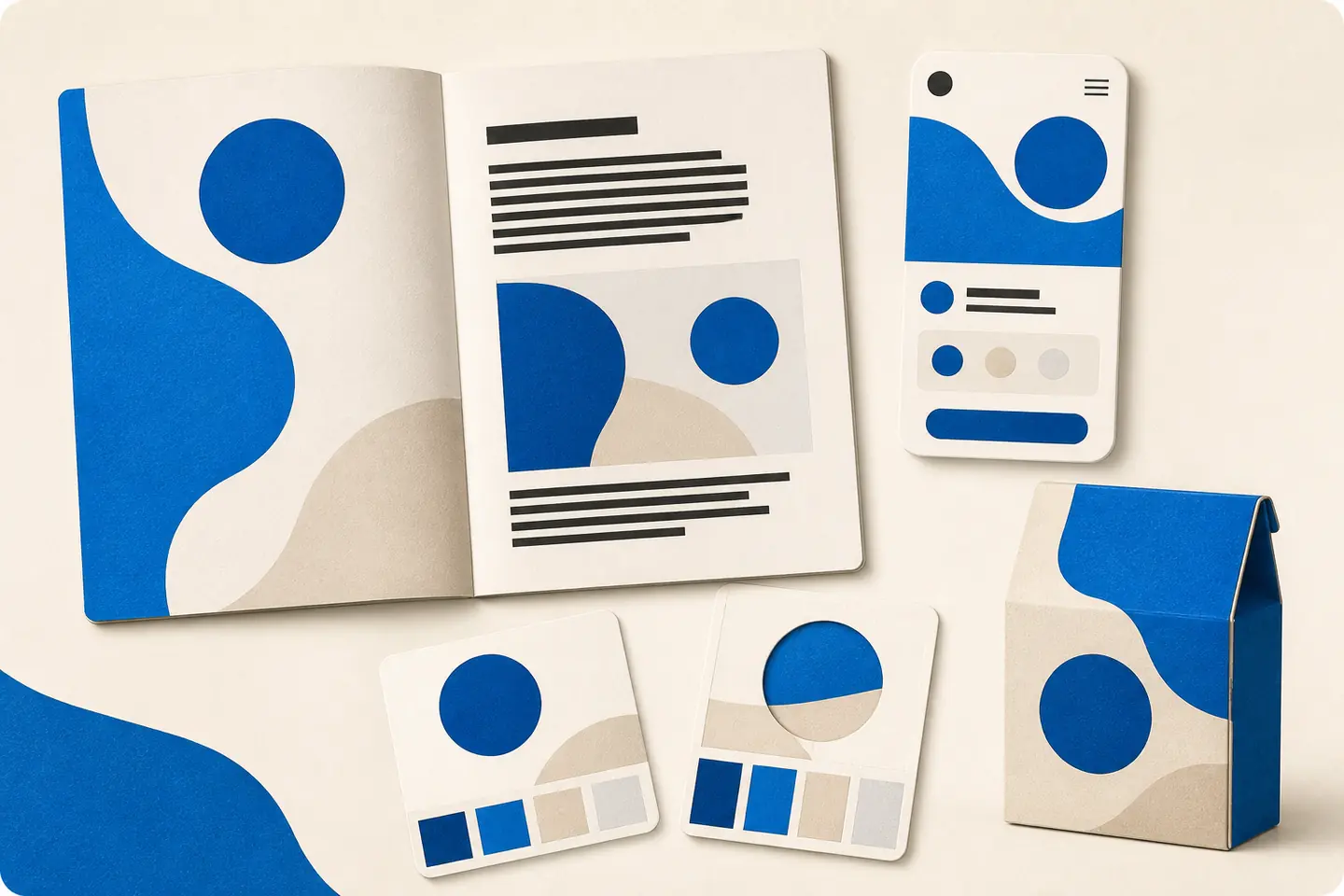 Cream and blue paper illustration of an editorial spread, mobile interface, swatch cards and folded package sharing circular and curved graphic motifs.