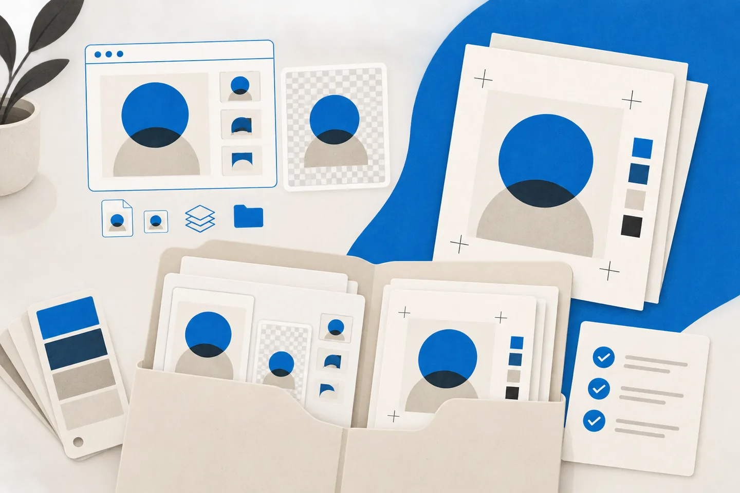 Cream-and-blue illustration of an organized design delivery folder with browser assets, print sheets with crop marks, color swatches, and a checked usage note.