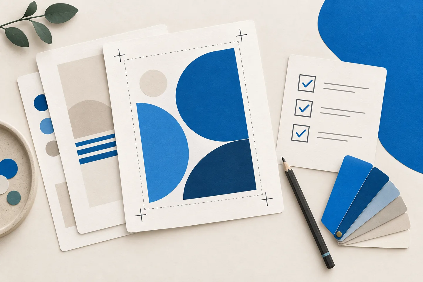 Paper-cut illustration of blue geometric print proofs with crop marks, a three-item approval checklist, a pencil and colour swatches on a warm cream surface.