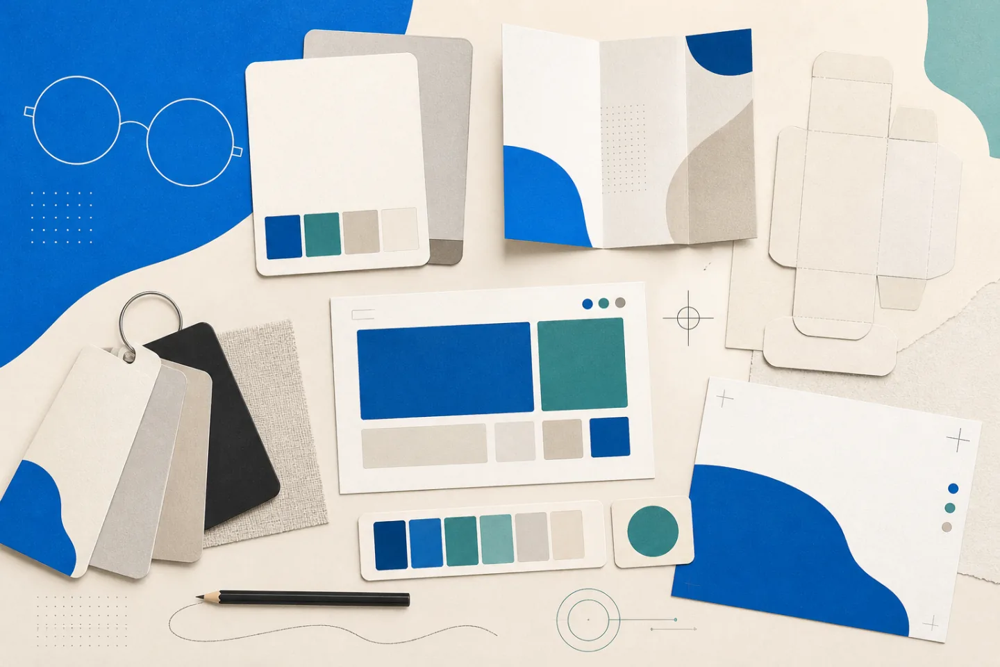 Abstract cream studio table with blue and teal color swatches, a blank brochure, packaging dieline, web layout card, pencil, and eyeglasses linework.
