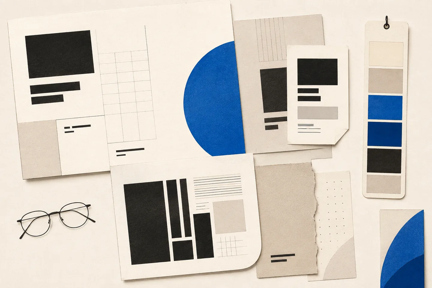 Cream paper collage with charcoal layout blocks, fine grids, clipped blue circles, a vertical color swatch strip, and eyeglasses illustrating graphic design elements.